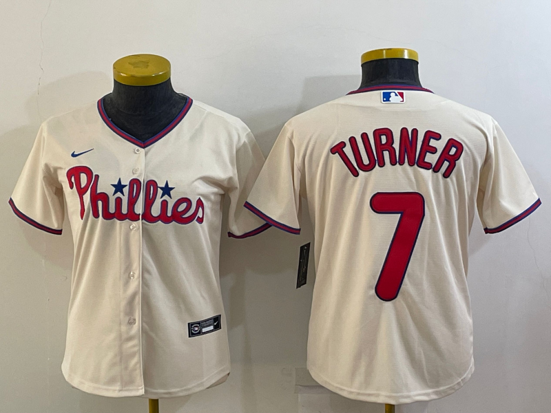 Women's Philadelphia Phillies #7 Trea Turner Cream Cool Base Stitched Baseball Jersey(Run Small)